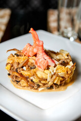 Seafood and king shrimp salad. Close-up, selective focus