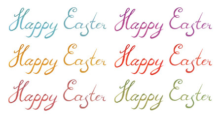 Fototapeta na wymiar Greeting watercolor lettering for a Happy Easter on a white background for easy cutting. Text for greeting cards for the spring holiday in red, orange, green, blue, purple and delicate colors.