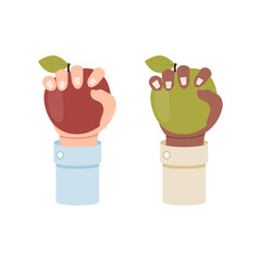 White and black hand holding an apple vector illustration isolated on white background