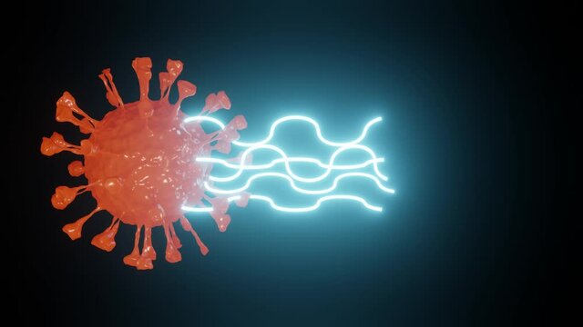 Ultrasound damage coronavirus. Ultrasonic frequencies killing Covid-19 virus bacteria cell. 3D rendering motion animation.