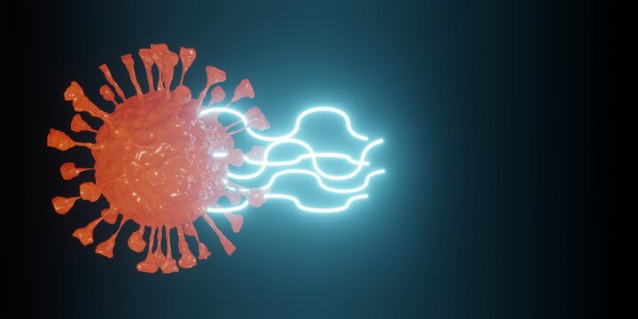 Ultrasonic sound damage coronavirus. Ultrasonic frequencies killing Covid-19 virus bacteria cell. 3D rendering motion illustration.