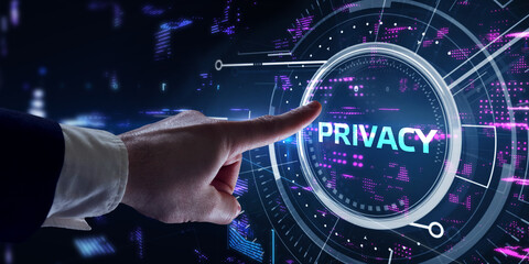 Business, Technology, Internet and network concept. Young businessman shows the word: Privacy.