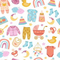 Nursery seamless pattern. Abstract rainbow, stars moon and simple bright kids elements. Cloth multicolor print, cute cloud exact vector texture