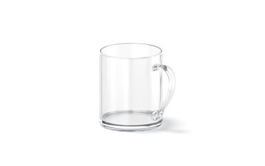 Blank transparent glass 11oz mug with handle mockup stand, isolated