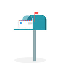 Open mail box with letter inside, flat vector illustration isolated on white background. Vintage blue postbox container cartoon icon or symbol for mail services.