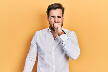 Handsome caucasian man with beard wearing business white shirt feeling unwell and coughing as symptom for cold or bronchitis. health care concept.