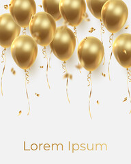 Poster witn realistic golden ballons and ribbons, serpentine, gold confetti on top. Vector illustration for card, party, design, flyer, poster, decor, banner, web, advertising. 