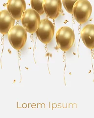 Fotobehang Poster witn realistic golden ballons and ribbons, serpentine, gold confetti on top. Vector illustration for card, party, design, flyer, poster, decor, banner, web, advertising.  © vector zėfirkã