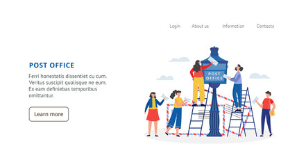 Post office website layout with people sending mail, flat vector illustration.
