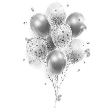 Bouquet, bunch of realistic transparent,  silver ballons and ribbons, serpentine, confetti. Vector illustration for card, party, design, flyer, poster, decor, banner, web, advertising. 
