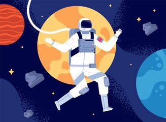 Astronaut in outer space. Spacewalk, astronauts fantastic journey. Cosmonaut in space suit, colorful discovery in utter universe vector concept