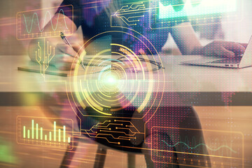 Multi exposure of woman hands working on computer and data theme hologram drawing. Tech concept.