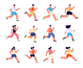 Fototapeta na wymiar Running athletes characters. Profile jogger, athlete man jogging. Isolated athletic men run, sport exercise. Outdoor active people utter vector set