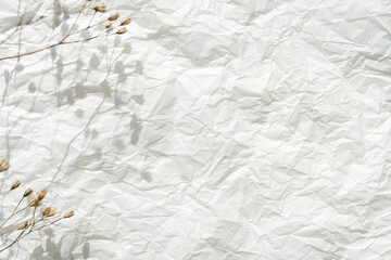 textured background. sheet of crumpled white paper and beige dried flower