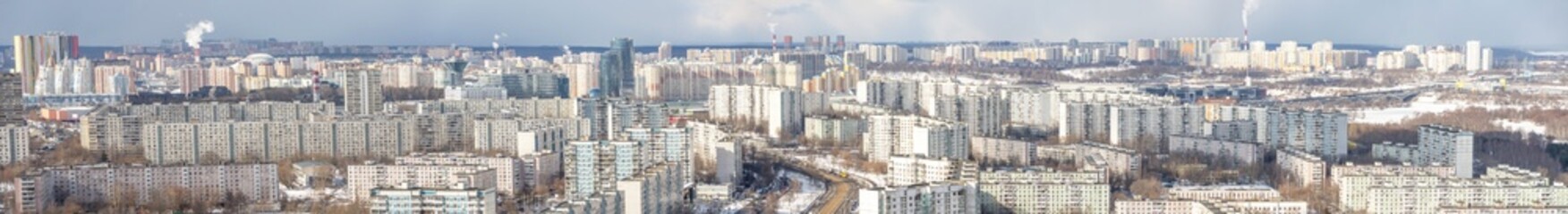 Ultra-wide panorama of the dormitory area of the metropolis of the metropolitan area, countless high multi-storey buildings.