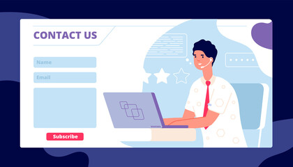 Contact us template. Corporate service page, business web banner. Support center client form, cartoon manager at computer utter vector design