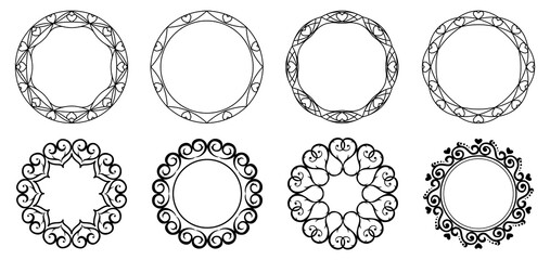 Set of decorative frames. Round pattern of lines and hearts. Circle shapes. Designer templates for invitations and holiday cards.