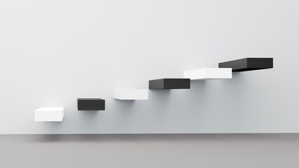 Realistic stairs painted in black and white next to the white wall. 3d rendering image