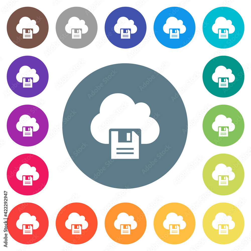 Sticker Cloud storage flat white icons on round color backgrounds