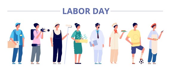 Labor day. International industrial workers group, people professional careers. Different girls boys on job banner, may holiday vector flyer