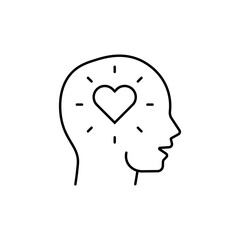 Heart or love in the head line icon in black. Human head with amour. Idea of novel. Flat style isolated symbol, for: illustration, logo, mobile, app, emblem, design, web, site, ui, ux. Vector EPS 10