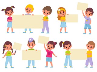 Children with banners. Cartoon kids with blank placards in hands, little people carry clean posters templates, girls and boys hold paper sheets. Advertising posters vector isolated set