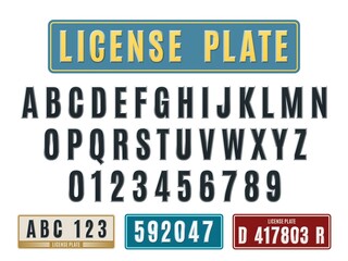 License car plates font. Embossed latin alphabet, aluminum nameplates with squeezed out numbers and letters, tags and frames template set. Auto registration typeface vector elements