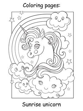 Coloring book page unicorn head with rainbow
