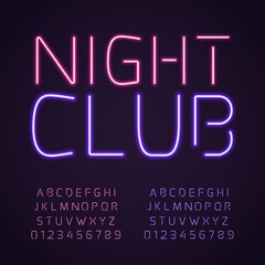 Glowing club font. Purple and pink neon lamps letters and numbers, fluorescent bright light typescript, retro shining gaslights latin alphabet. Nightclub casino or party vector set