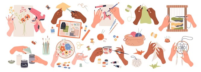 Needlework embroidery. Human hands create handmade crafts, artisan tools and accessory, work and hobby, decoupage and tapestries, sewing and knitting, drawing and origami vector set