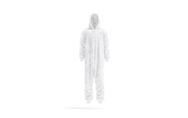 Blank white plush jumpsuit with hood mockup, front view