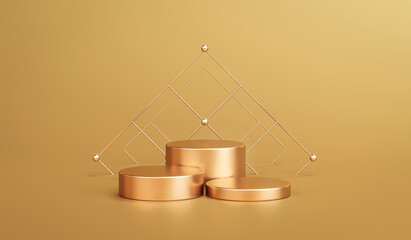 Gold elegant product background stand or podium pedestal on golden display with luxury backdrops. 3D rendering.