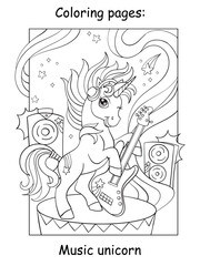 Coloring book page cool unicorn with guitar