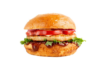 Delicious burger with greens and red bell peppers on a white isolated background. Tasty fresh unhealthy burgers with cheese and two patties. Fast food, unhealthy food concept..