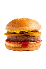 Delicious burger with beef on a white isolated background. Tasty fresh unhealthy burgers with cheese and two patties. Fast food, unhealthy food concept..