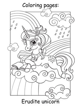 Coloring book page cute unicorn reading a book
