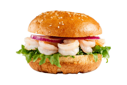 Delicious burger with shrimp on white isolated background. Tasty fresh unhealthy burgers with cheese and two patties. Fast food, unhealthy food concept.