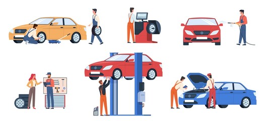Car service workers. People in repair process, mechanics work fix breakdowns, change automobile details, make diagnosis and wash auto in garage. Maintenance vehicle vector flat scenes set