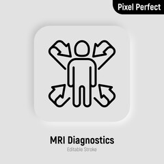Scanning of human body, MRI scan thin line icon. Medical equipment for oncology detection. Pixel perfect, editable stroke. Vector illustration.