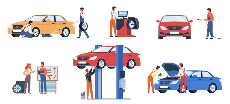 Car service workers. People in repair process, mechanics work fix breakdowns, change automobile details, make diagnosis and wash auto in garage. Maintenance vehicle vector flat scenes set