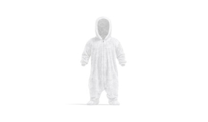 Blank white kid plush jumpsuit with hood mockup, front view