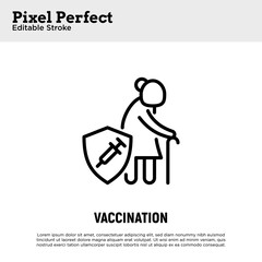 Coronavirus vaccination. Virus protection: elderly woman is protected by shield with vaccine. Immune system, antibiotics. Thin line icon. Pixel perfect, editable stroke. Vector illustration.