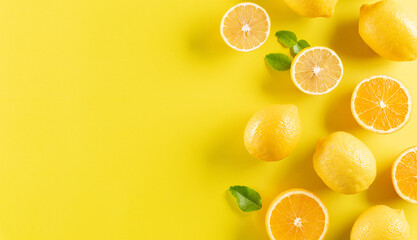 Summer composition made from oranges, lemon and green leaves on pastel yellow background. Fruit...