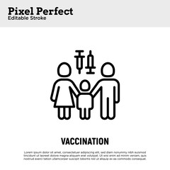 Coronavirus vaccination. Virus protection: family with child with vaccine. Immune system. Thin line icon. Pixel perfect, editable stroke. Vector illustration.
