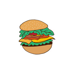 cheeseburger icon. bun with sesame seeds, lettuce, patty, cheese, tomato, sauce and onion. hand drawn vector. white background. fast food. doodle art for logo, label, poster, clipart, advertising.