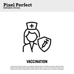 Coronavirus vaccination for medical staff. Virus protection: nurse is protected by shield with vaccine. Immune system. Thin line icon. Pixel perfect, editable stroke. Vector illustration.