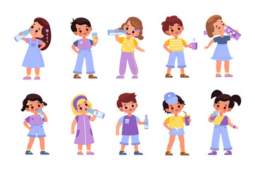 Children drink. Little boys and girls consume variety beverages, happy kids having juices, milk and tea, young people with cups, glasses and bottles collection. Vector cartoon isolated set