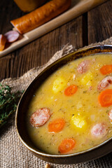 Classic pea soup with sausage and meat
