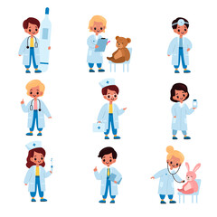 Kids doctors. Little girl and boys in medical uniform hold thermometer, pills and syringe, happy children play doctors and nurses, children examine and treat toy vector cartoon set