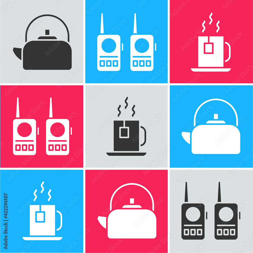 Wall mural Set Kettle with handle, Walkie talkie and Cup of tea with tea bag icon. Vector